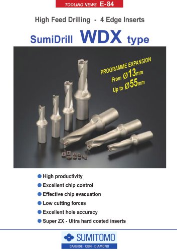 WDX drill features indexable inserts with 4 cutting edges and a range of optimised chipbreakers