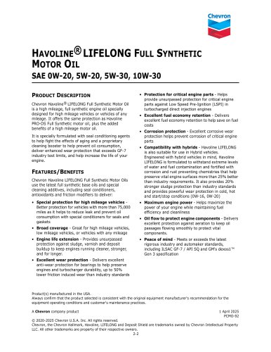 HAVOLINE® LIFELONG FULL SYNTHETIC MOTOR OIL