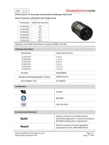 EP030-2224-01EP Series  Female Cable End--Mating to Male Panel Mount Connector