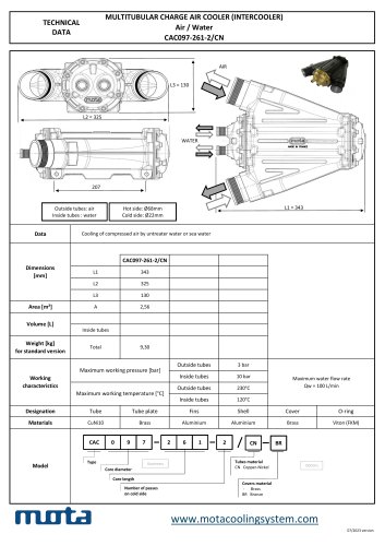 MULTITUBULAR CHARGE AIR COOLER (INTERCOOLER) Dimensions[mm] Air / Water CAC097-261-2/CN