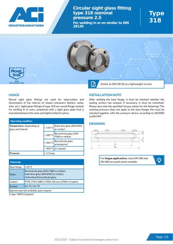 Circular sight glass fitting type 318 nominal pressure 2.5