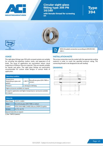 Circular sight glass fitting type 394 PN 16/160