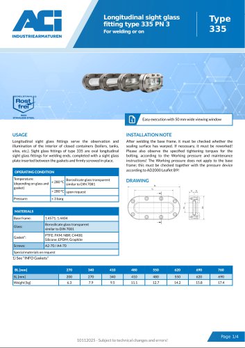Longitudinal sight glass fitting type 335 PN 3