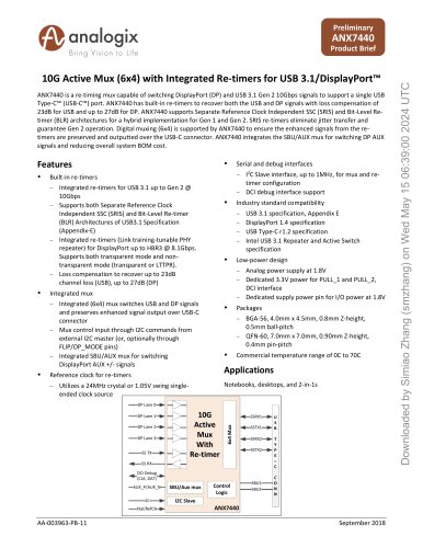 10G Active Mux (6x4) with Integrated Re-timers for USB 3.1/DisplayPort&trade;