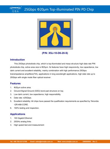 XSJ-10-D6-20-S/25Gbps Φ20μm Top-illuminated PIN PD Chip/PHOGRAIN