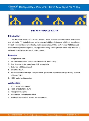 XSJ-10-D6A-20-K4-750/100Gbps Φ20μm 750μm Pitch 4X25G Array Digital PIN PD Chip/PHOGRAIN