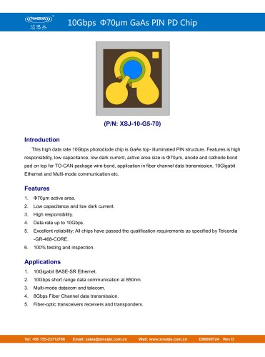 XSJ-10-G5-70/10Gbps Φ70μm GaAs PIN PD Chip/PHOGRAIN