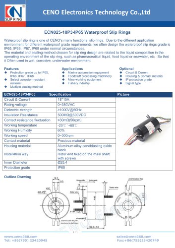 CENO Waterproof slip ring with hole 25.4mm ECN025-18P3-IP65