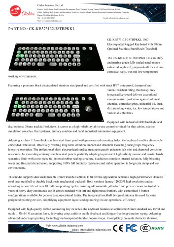 Waterproof Stainless steel panel mount backlight keyboard with integrated 38.0mm trackball mouse with electroplated black surface