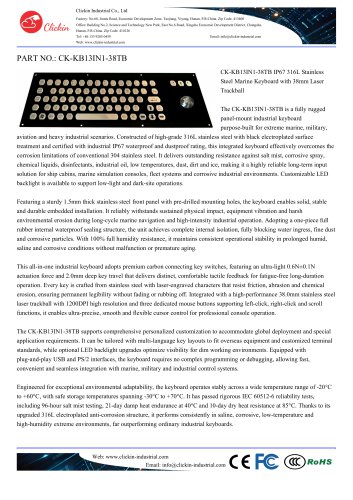 Waterproof Stainless steel panel mount keyboard with integrated 38.0mm trackball