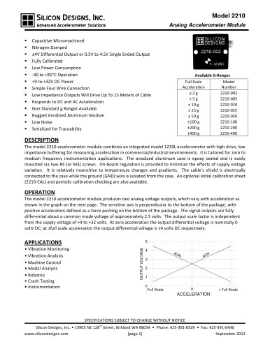 Silicon Designs Model 2210 Buffered &plusmn;4V Differential or 4V Single Ended Output,    Internal Voltage Regulator & Reference,  +9 to +32 VDC Power