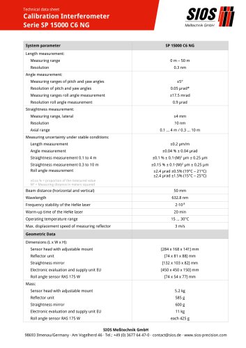 Technical data sheet: Calibration laser interferometer SP 15000 C6 NG