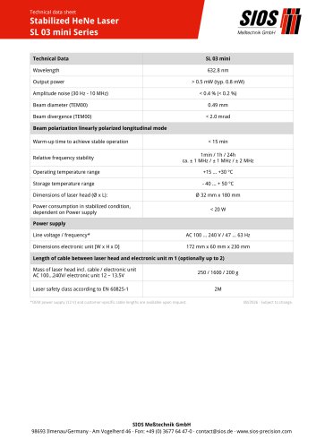 Technical data sheet: Frequency stabilized HeNe lasers SL 03 mini
