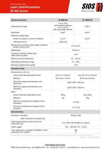 Technical data sheet: Laser interferometer SP 5000 NG / SP 15000 NG