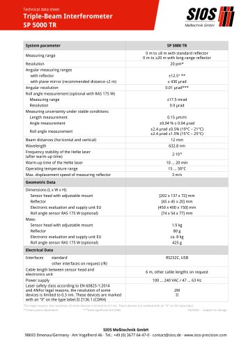 Technical data sheet: Triple beam laser interferometer SP 5000 TR