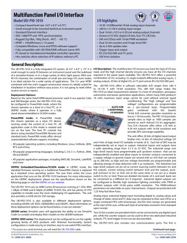 Panel I/O &ndash; Processor and Multifunction I/O Board with 16 A/D, 2 D/A, 20 DIO, One I2C and One RS-232/422/485 Port