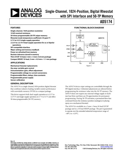 AD5174:  Single-Channel, 1024-Position, Digital Rheostat with SPI interface and 50-TP Memory