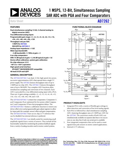 AD7262: 1 MSPS, 12-Bit, Simultaneous Sampling SAR ADC with PGA and Four Comparators Data Sheet