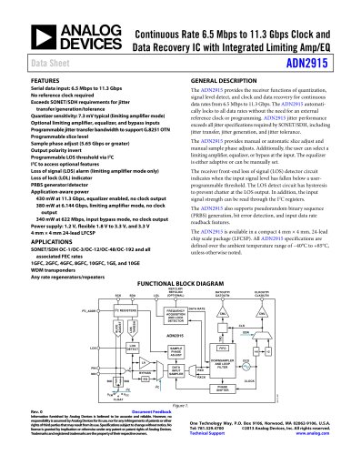 ADN2915: Continuous Rate 6.5 Mbps to 11.3 Gbps Clock and Data Recovery IC with Integrated Limiting Amp/EQ