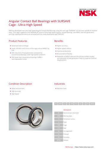 Angular Contact Ball Bearings with SURSAVECage - Ultra-High Speed