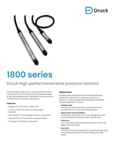 PDCR 1800 transducer (mV output) and PTX 1800 transmitter (4 to 20 mA output) - 1800 series - high performance level pressure sensors