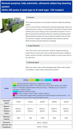 【VEGA-DB series】General-purpose, fully automatic, ultrasonic deburring cleaning system  2-tank type to 9-tank type（40 models）