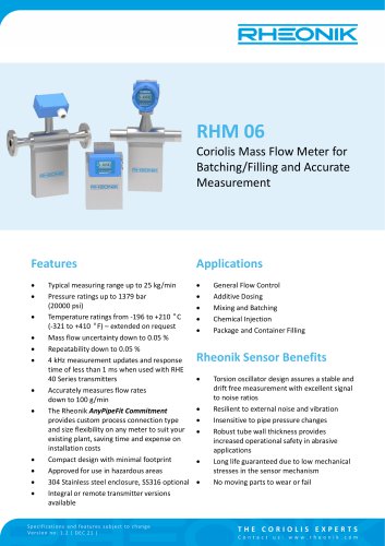 RHM 06 Coriolis Mass Flow Meter for Batching/Filling and Accurate Measurement