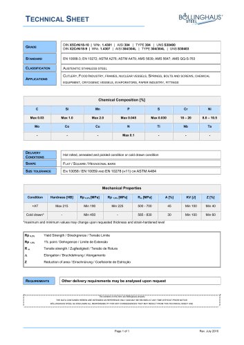 DIN X5CrNi18-10 | WNr. 1.4301 | AISI 304 | TYPE 304 | UNS S30400 DIN X2CrNi18-9 | WNr. 1.4307 | AISI 304/304L | TYPE 304/304L | UNS S30403