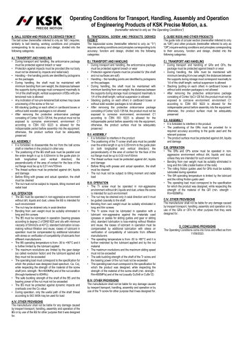 Operating Conditions for Transport, Handling, Assembly and Operation of Engineering Products of KSK Precise Motion, a.s.