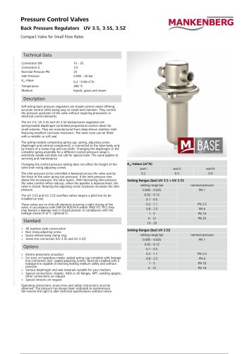 Back Pressure Regulators UV 3.5, 3.5S, 3.5Z