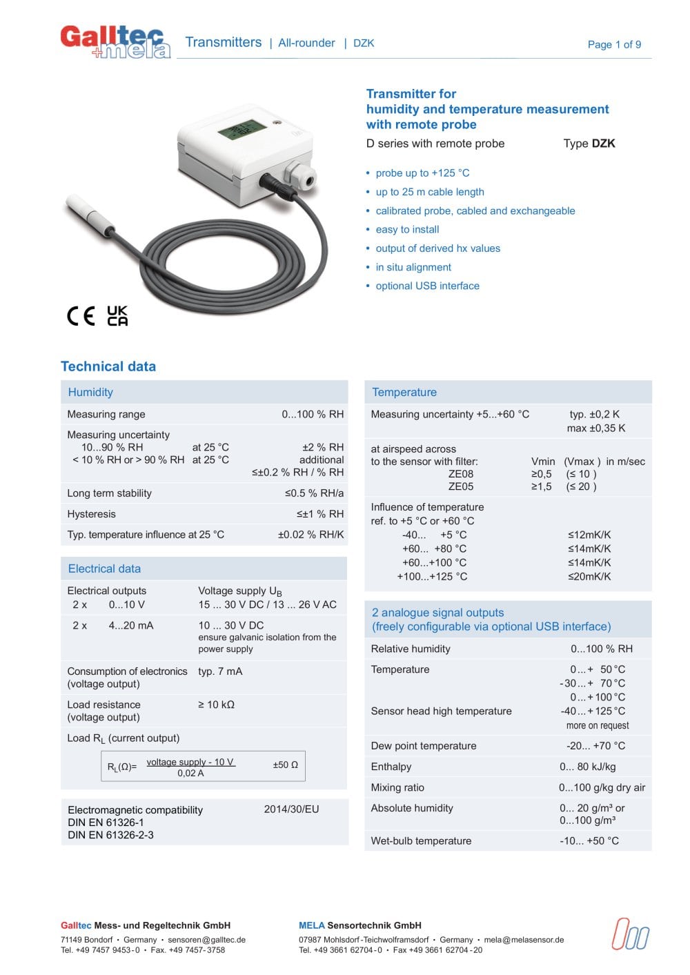 D series with remote probe Type DZK - Galltec Mess- und Regeltechnik GmbH