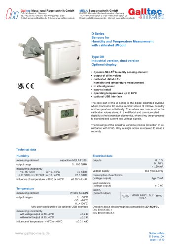 D Series Sensors for Humidity and Temperature Measurement with calibrated dModul