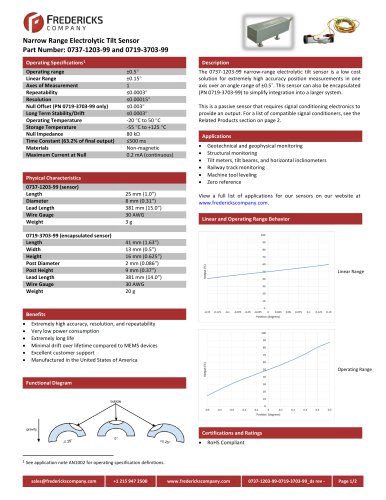 Narrow Range Electrolytic Tilt Sensor | Part Number: 0737-1203-99 and 0719-3703-99