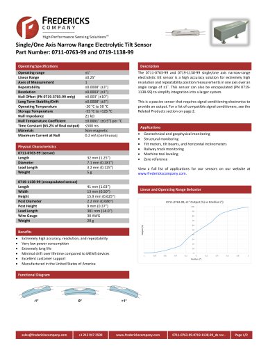 Single/One Axis Narrow Range Electrolytic Tilt Sensor | Part Number 0711-0763-99 and 0719-1138-99
