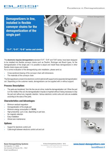 Demagnetizers in line installed in flexible conveyor chains, “D-F”, “D-R”, “D-B” series and similar