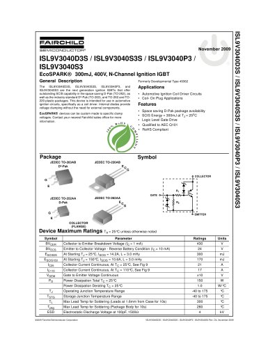 ISL9V3040S3ST 17A, 400V Logic Level, Voltage Clamped, Avalanche Energy Rated, ESD Protected IGBT