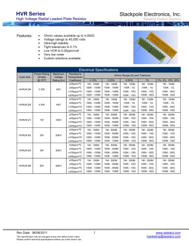 High Voltage Leaded Resistor Networks HVR