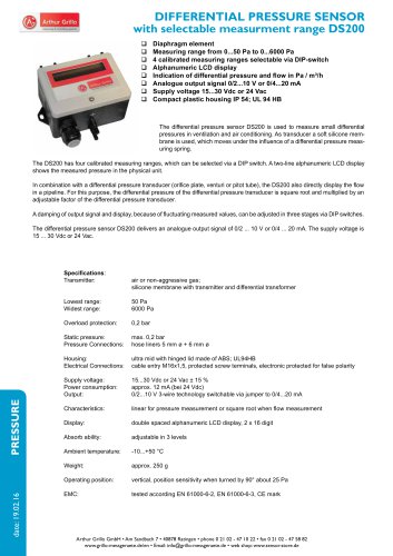 DS200 - differential pressure sensor with selctable measurement range