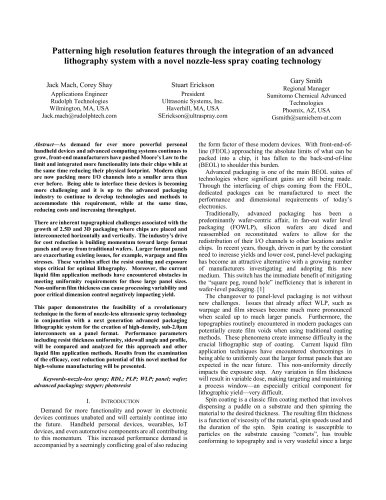 Patterning high resolution features through the integration of an advanced lithography system with a novel nozzle-less spray coating technology