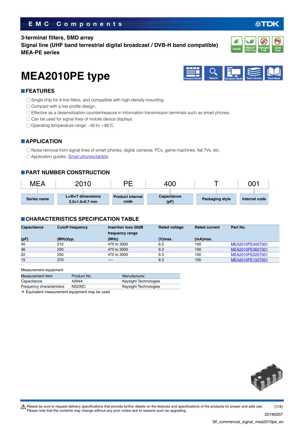 3-terminal filters, SMD array Signal line (UHF band terrestrial digital broadcast / DVB-H band compatible) MEA-PE series - TDK Electronics Europe