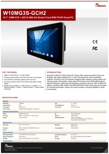 10.1" ARM A78 + A55 G-WIN GC-Series Front IP65 PCAP Panel PC W10MG3S-GCH2