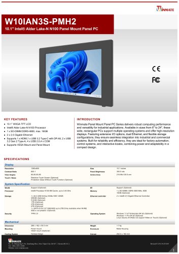 10.1" Intel® Alder Lake-N N150 Panel Mount Panel PC W10IAN3S-PMH2