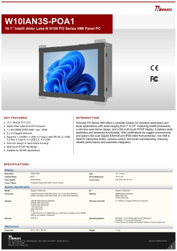 10.1” Intel® Alder Lake-N N150 PO Series HMI Panel PC W10IAN3S-POA1