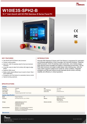 10.1" Intel Atom® x6413E IP65 Stainless B Series Panel PC W10IE3S-SPH2-B