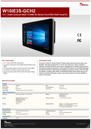 10.1" Intel® Celeron® N6211 G-WIN GC-Series Front IP65 PCAP Panel PC W10IE3S-GCH2