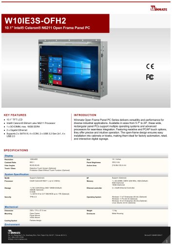 10.1" Intel® Celeron® N6211 Open Frame Panel PC W10IE3S-OFH2
