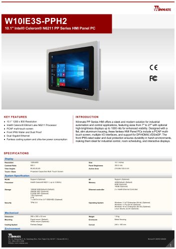 10.1" Intel® Celeron® N6211 PP Series HMI Panel PC W10IE3S-PPH2
