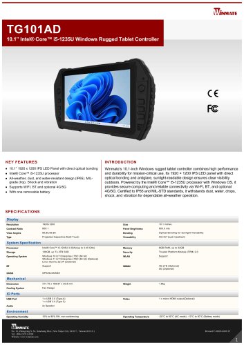 10.1” Intel® Core™ i5-1235U Windows Rugged Tablet Controller TG101AD