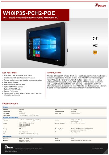 10.1" Intel® Pentium® N4200 S Series HMI Panel PC W10IP3S-PCH2-POE