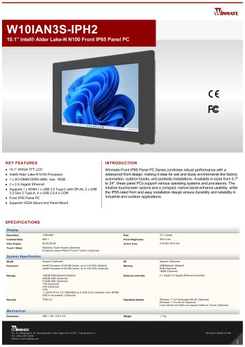 10.1” Intel® Twin Lake N150 Front IP65 Panel PC W10IAN3S-IPH2